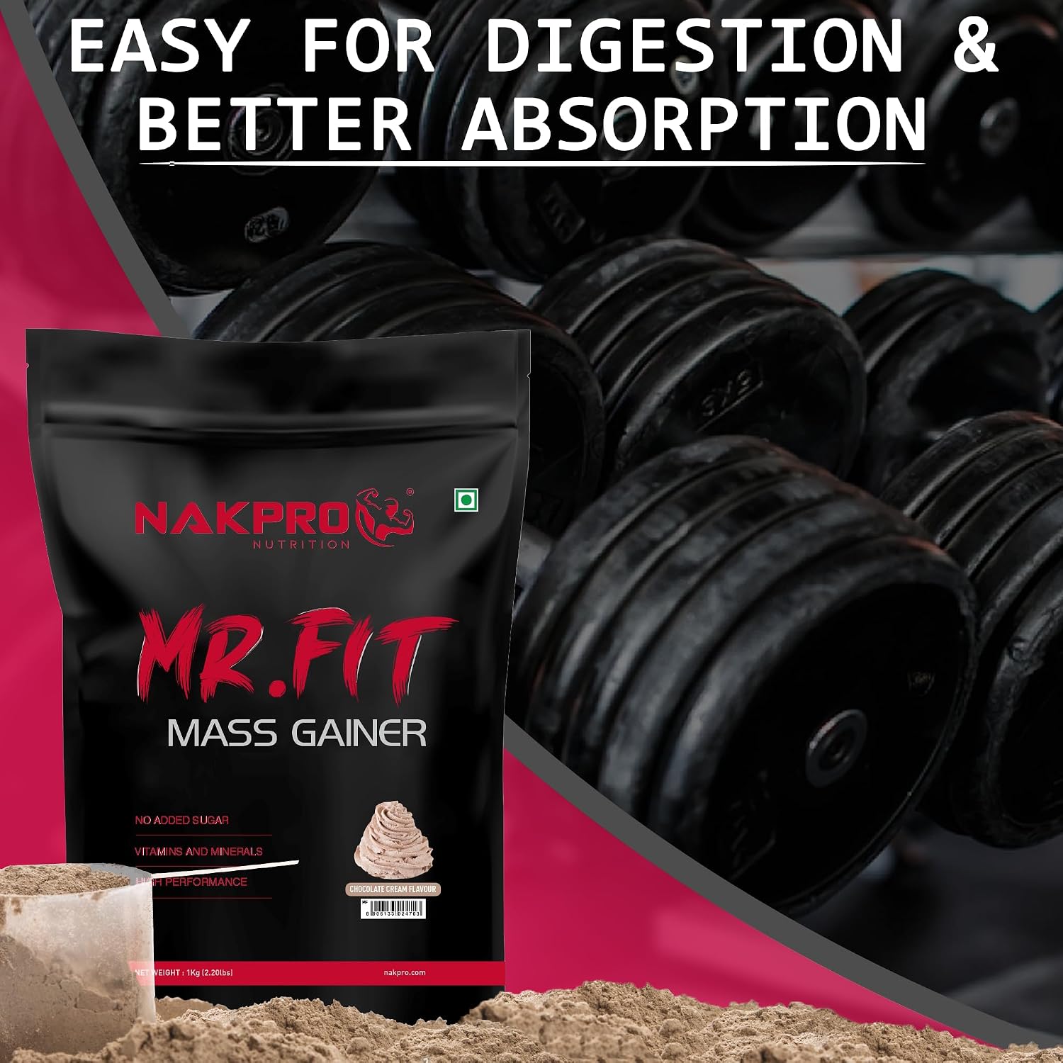 گینر افزایش وزن Nakpro، 1 کیلوگرم، طعم کرم شکلات