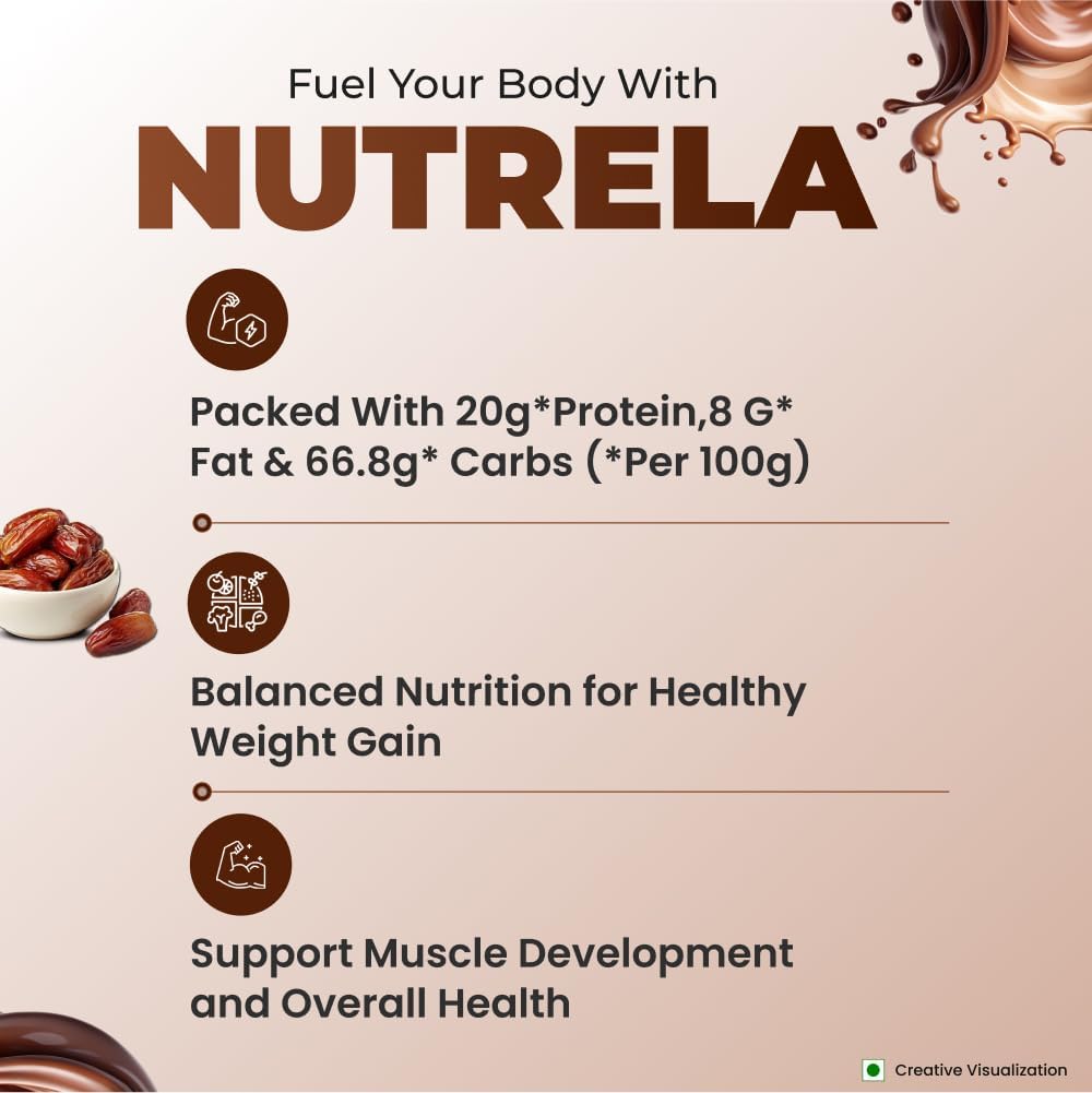 گینر افزایش وزن NUTRELA، 20 گرم پروتئین، 3834 گرم، طعم شکلاتی