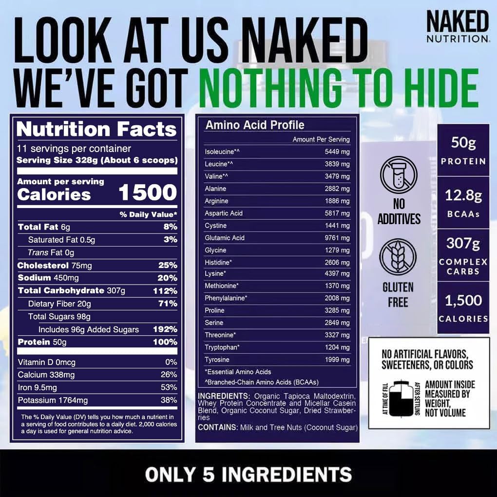 گینر افزایش وزن NAKED، 50 گرم پروتئین، 8 پوند، طعم توت‌فرنگی