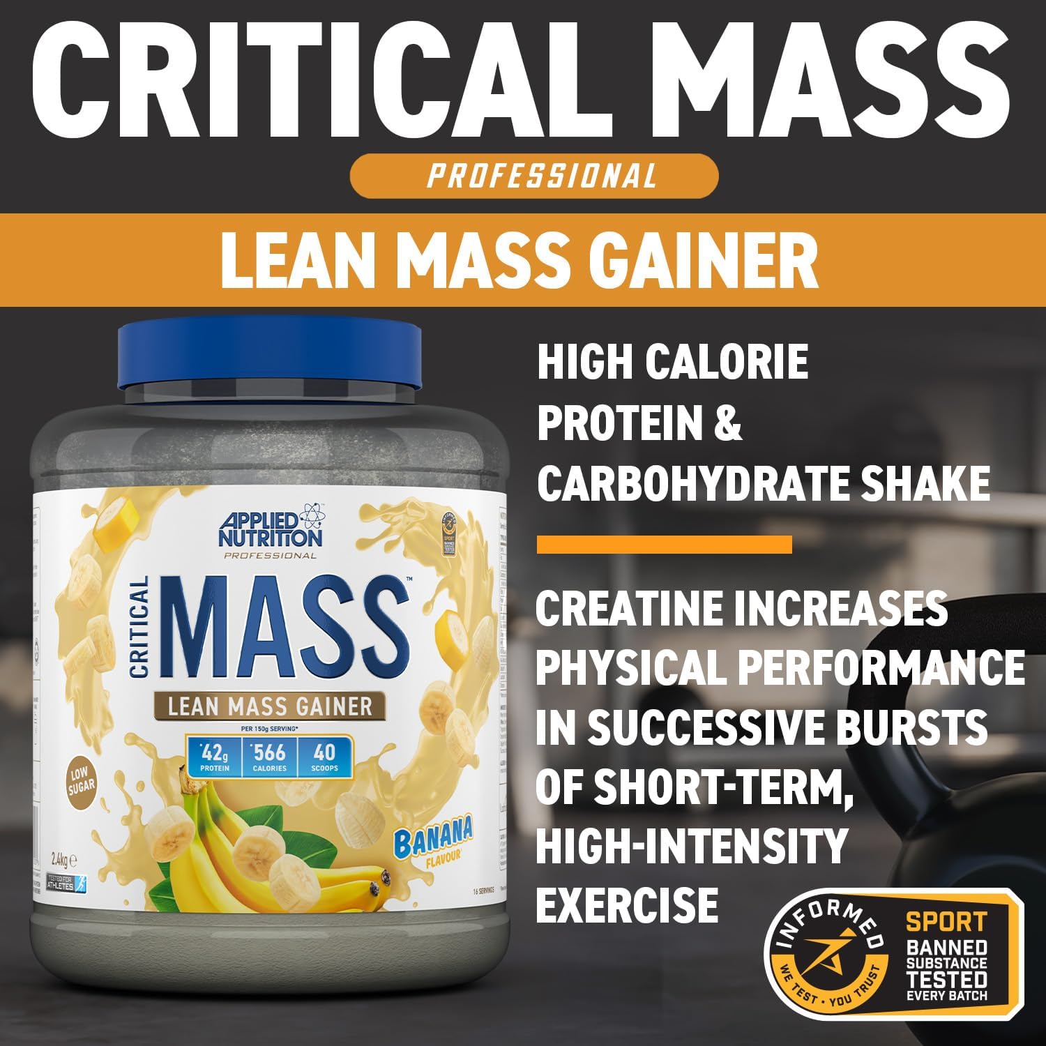 گینر افزایش وزن Applied Nutrition Critical Mass Professional، 2.4 کیلوگرم، 16 سروینگ، طعم موز