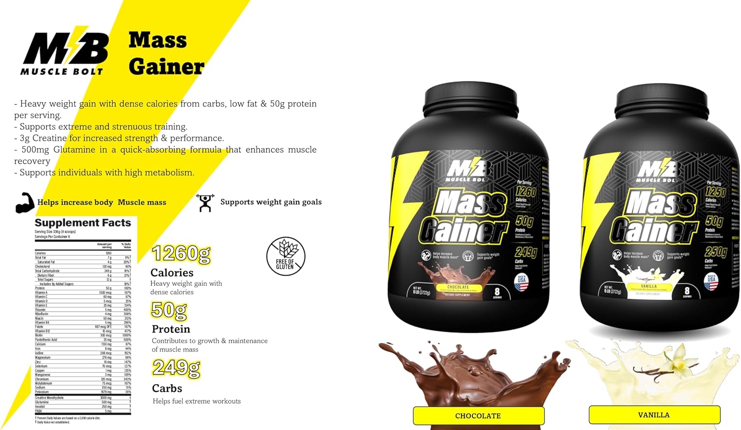 گینر افزایش وزن Muscle Bolt، 6 پوند، طعم وانیلی