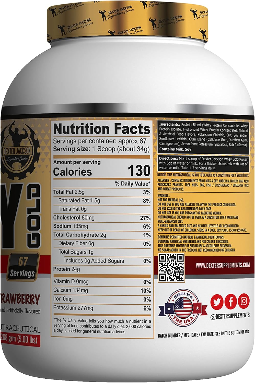 پودر پروتئین وی Dexter Jackson Whey Gold، 5 پوند، طعم توت‌فرنگی تازه