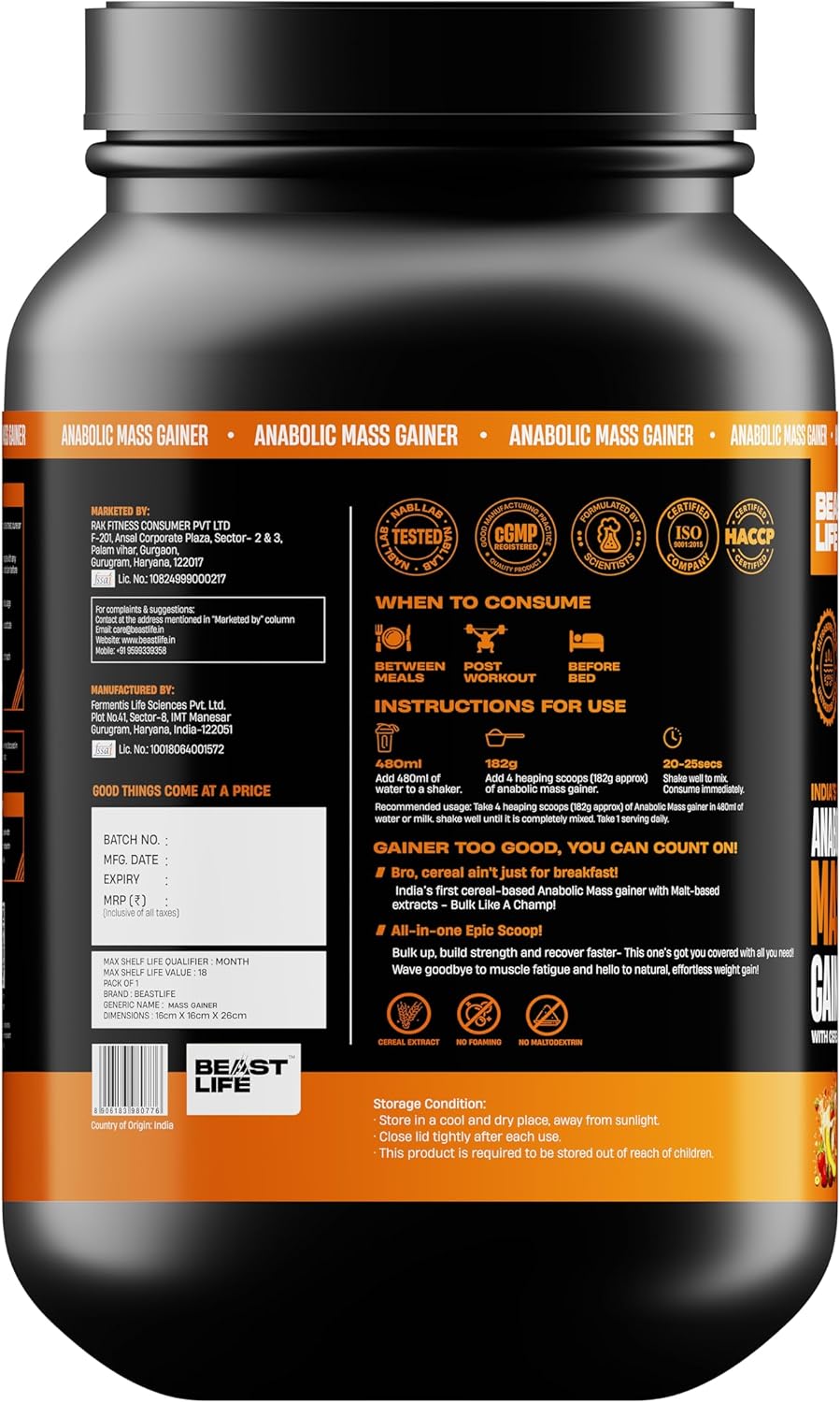 گینر افزایش وزن BeastLife، 1 کیلوگرم، طعم شکلات بلژیکی