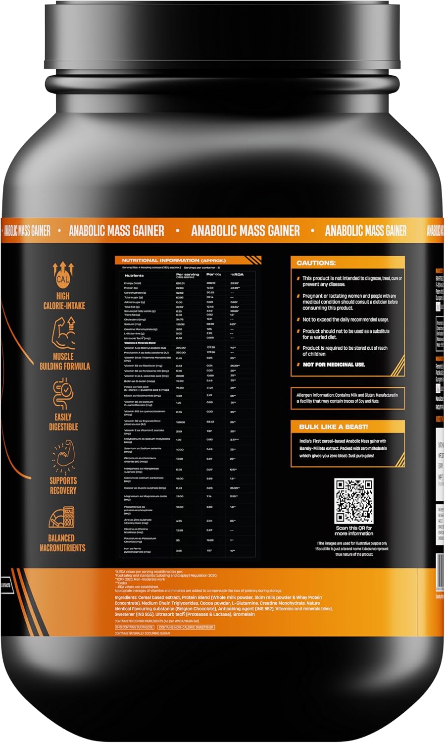 گینر افزایش وزن BeastLife، 1 کیلوگرم، طعم شکلات بلژیکی
