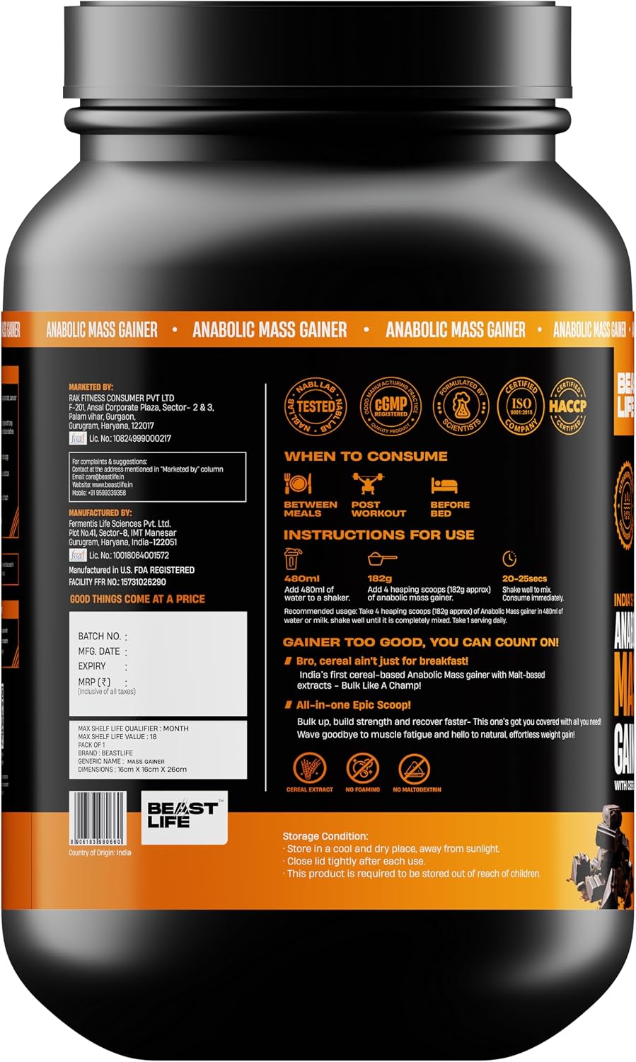 گینر افزایش وزن BeastLife، 1 کیلوگرم، طعم شکلات بلژیکی
