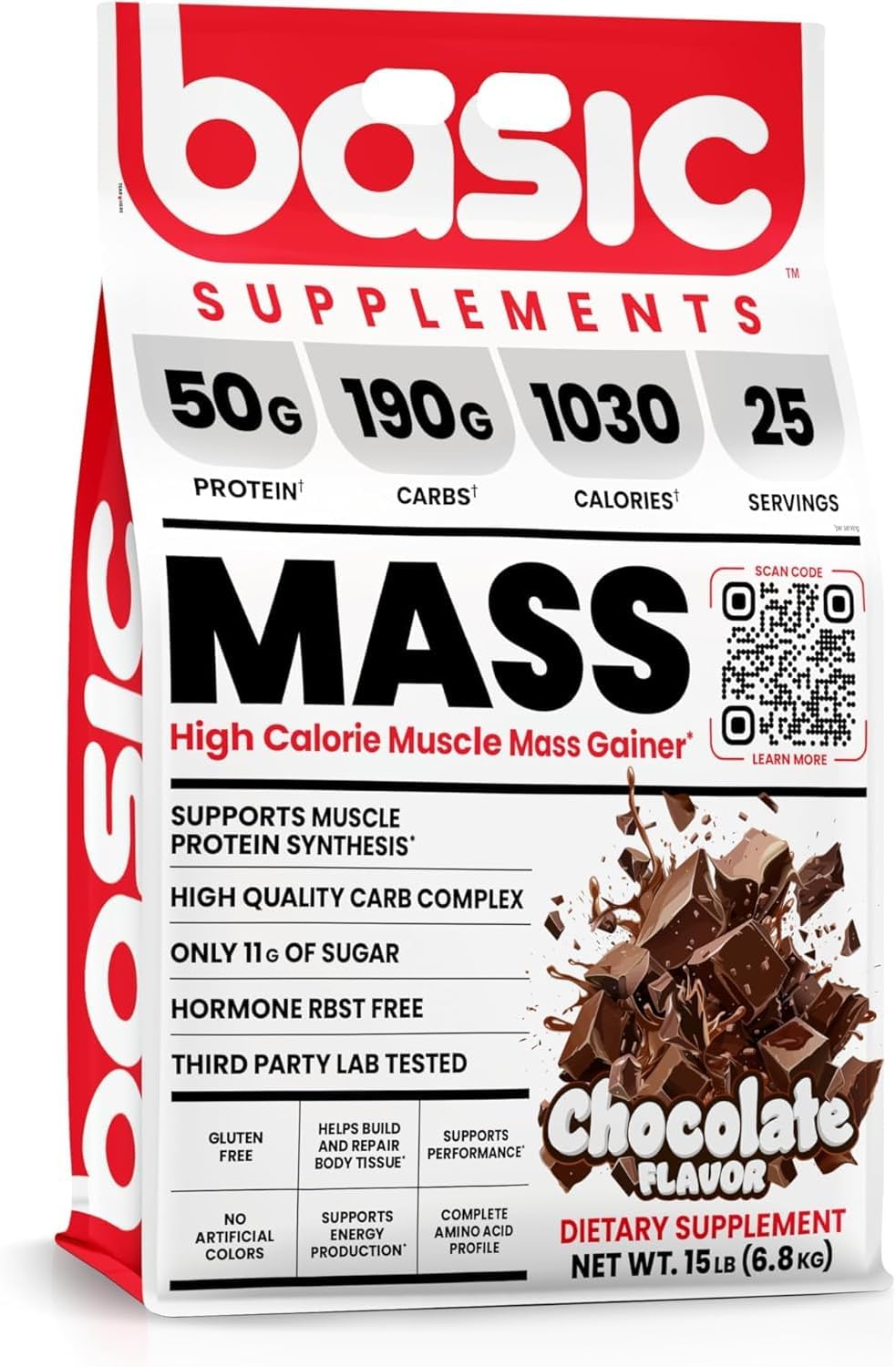 گینر افزایش وزن BASIC SUPPLEMENTS، 50 گرم پروتئین، 15 پوند، طعم شکلاتی