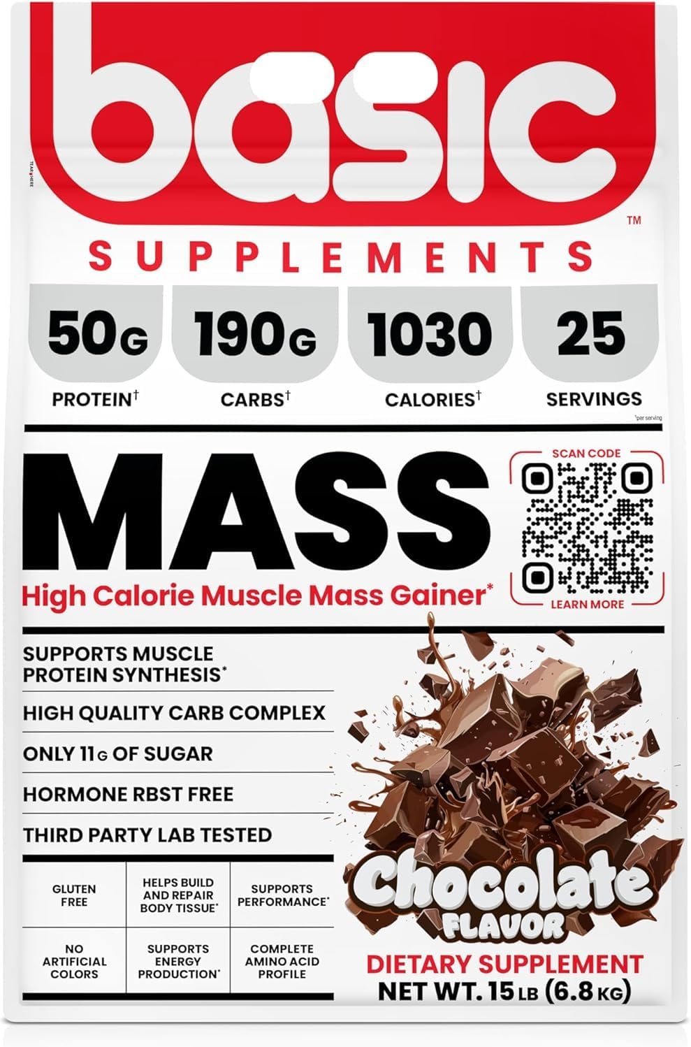 گینر افزایش وزن BASIC SUPPLEMENTS، 50 گرم پروتئین، 15 پوند، طعم شکلاتی
