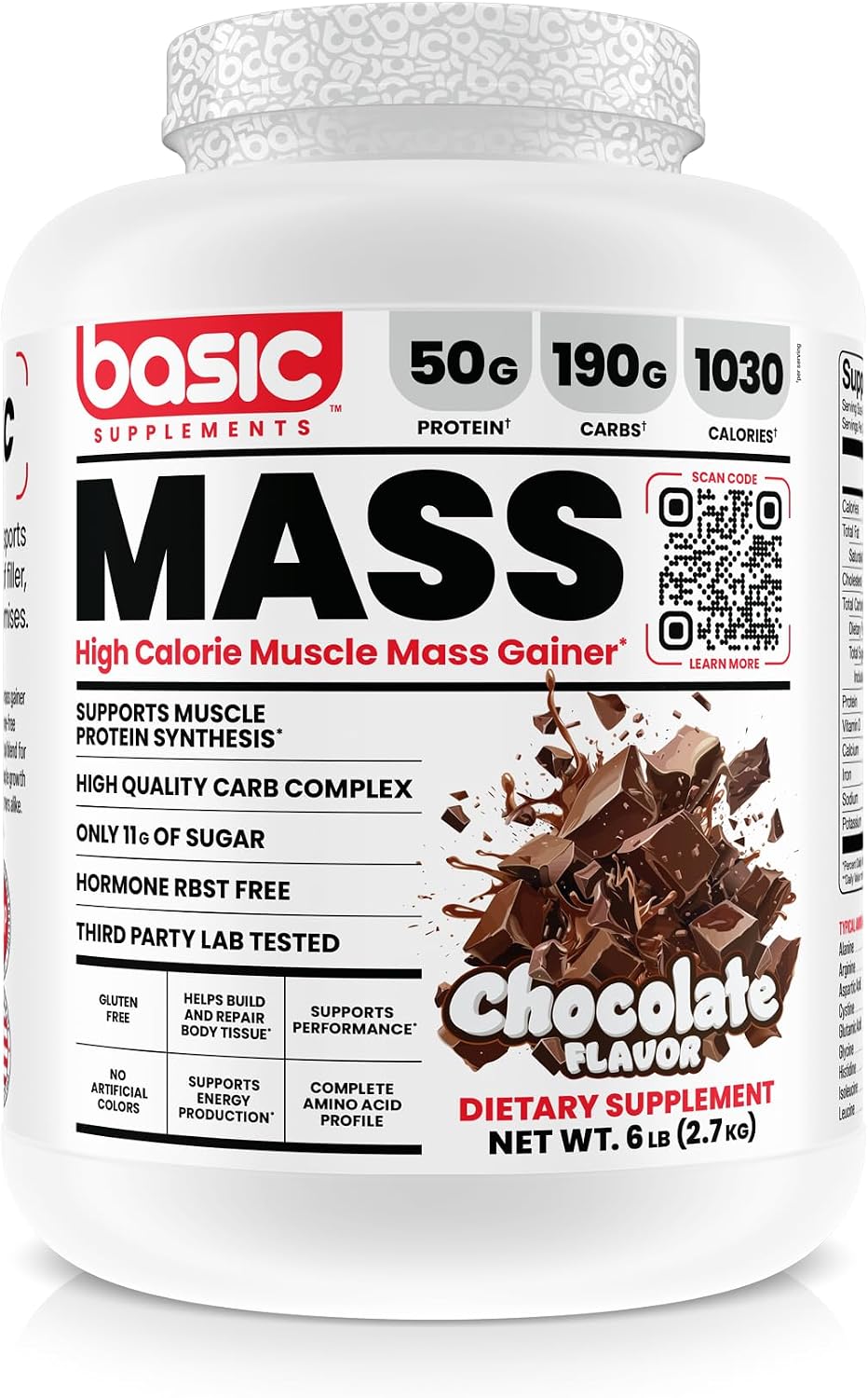 گینر افزایش وزن BASIC SUPPLEMENTS، 50 گرم پروتئین، 6 پوند، طعم شکلاتی