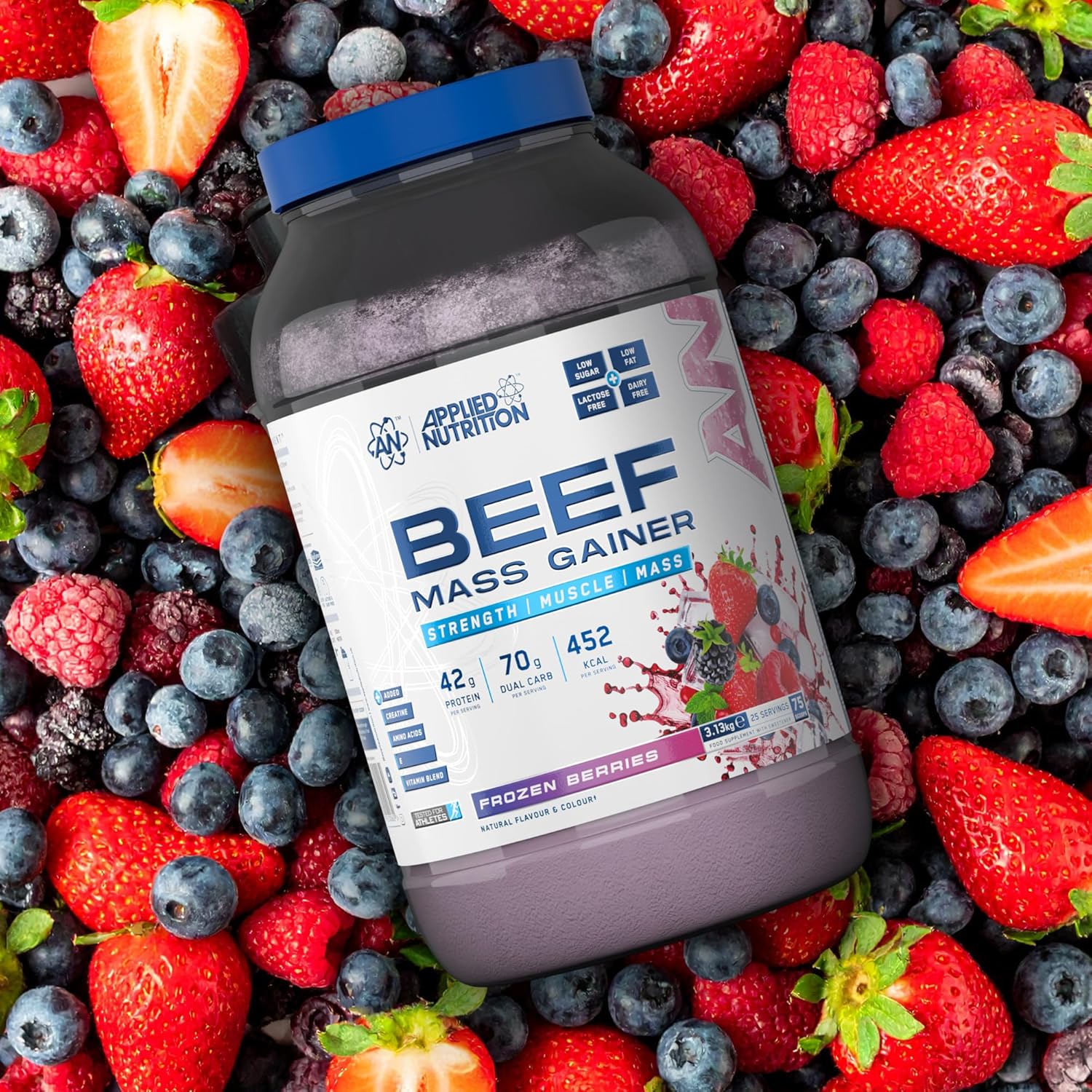 گینر افزایش وزن Applied Nutrition Beef Mass Gainer، 42 گرم پروتئین، 3.13 کیلوگرم، 25 سروینگ، طعم میوه‌های استوایی
