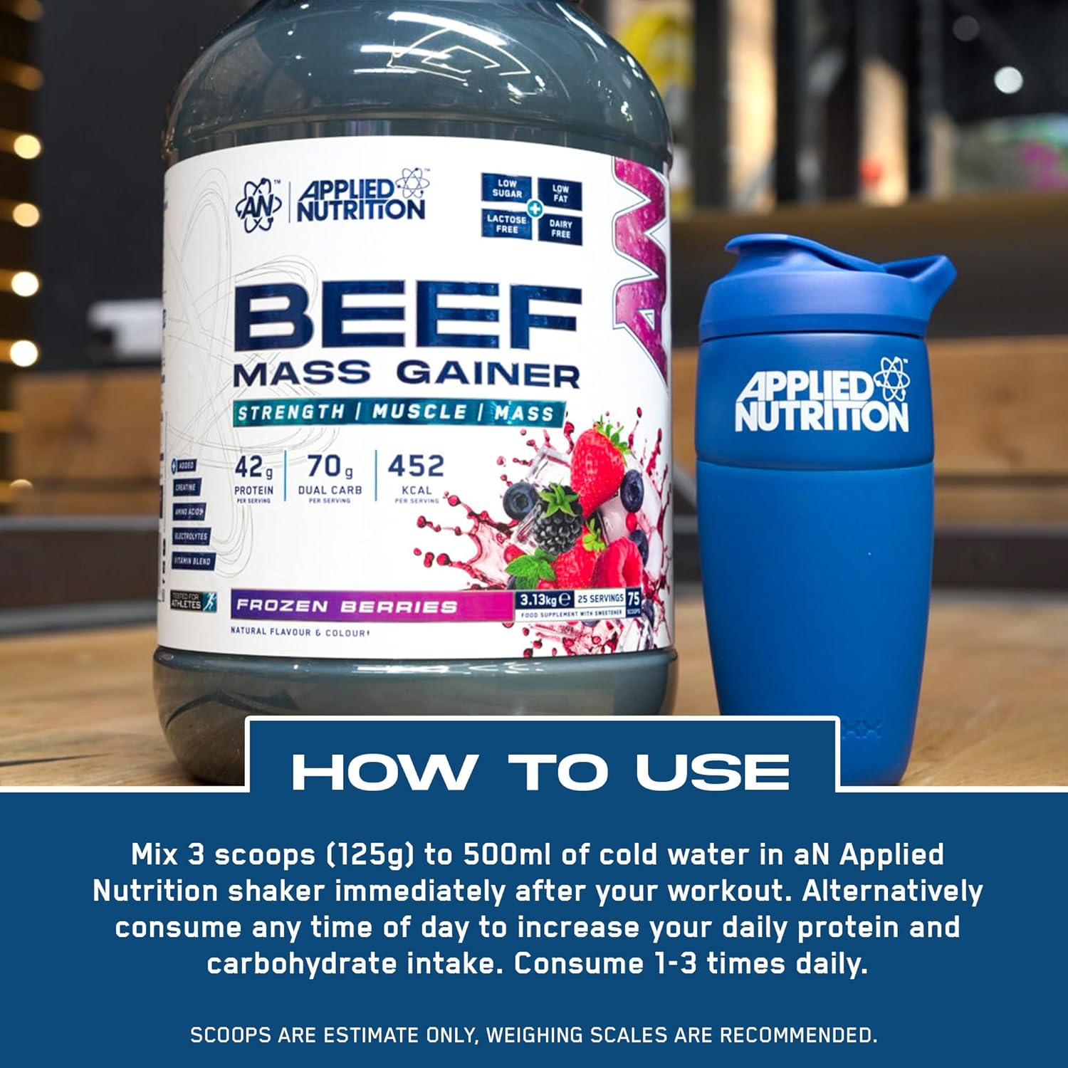 گینر افزایش وزن Applied Nutrition Beef Mass Gainer، 42 گرم پروتئین، 3.13 کیلوگرم، 25 سروینگ، طعم میوه‌های استوایی