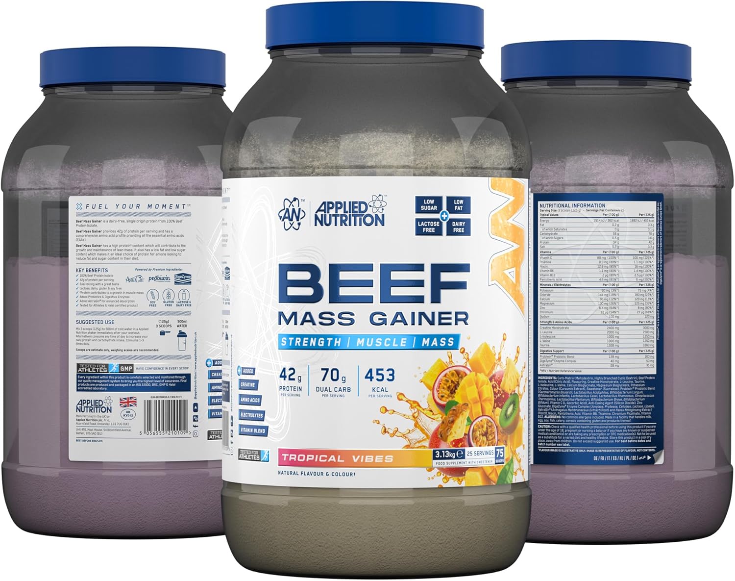 گینر افزایش وزن Applied Nutrition Beef Mass Gainer، 42 گرم پروتئین، 3.13 کیلوگرم، 25 سروینگ، طعم میوه‌های استوایی