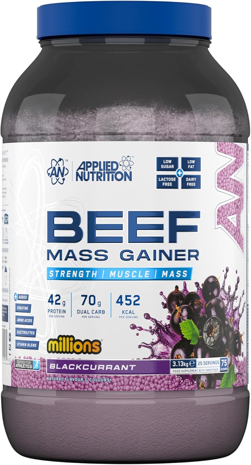 گینر افزایش وزن Applied Nutrition Beef Mass Gainer، 42 گرم پروتئین، 3.13 کیلوگرم، 25 سروینگ، طعم انگورفرنگی سیاه