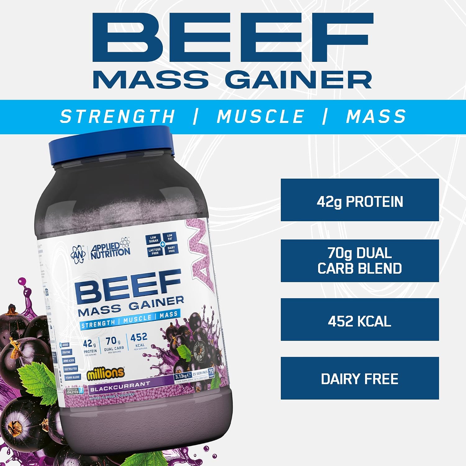گینر افزایش وزن Applied Nutrition Beef Mass Gainer، 42 گرم پروتئین، 3.13 کیلوگرم، 25 سروینگ، طعم انگورفرنگی سیاه