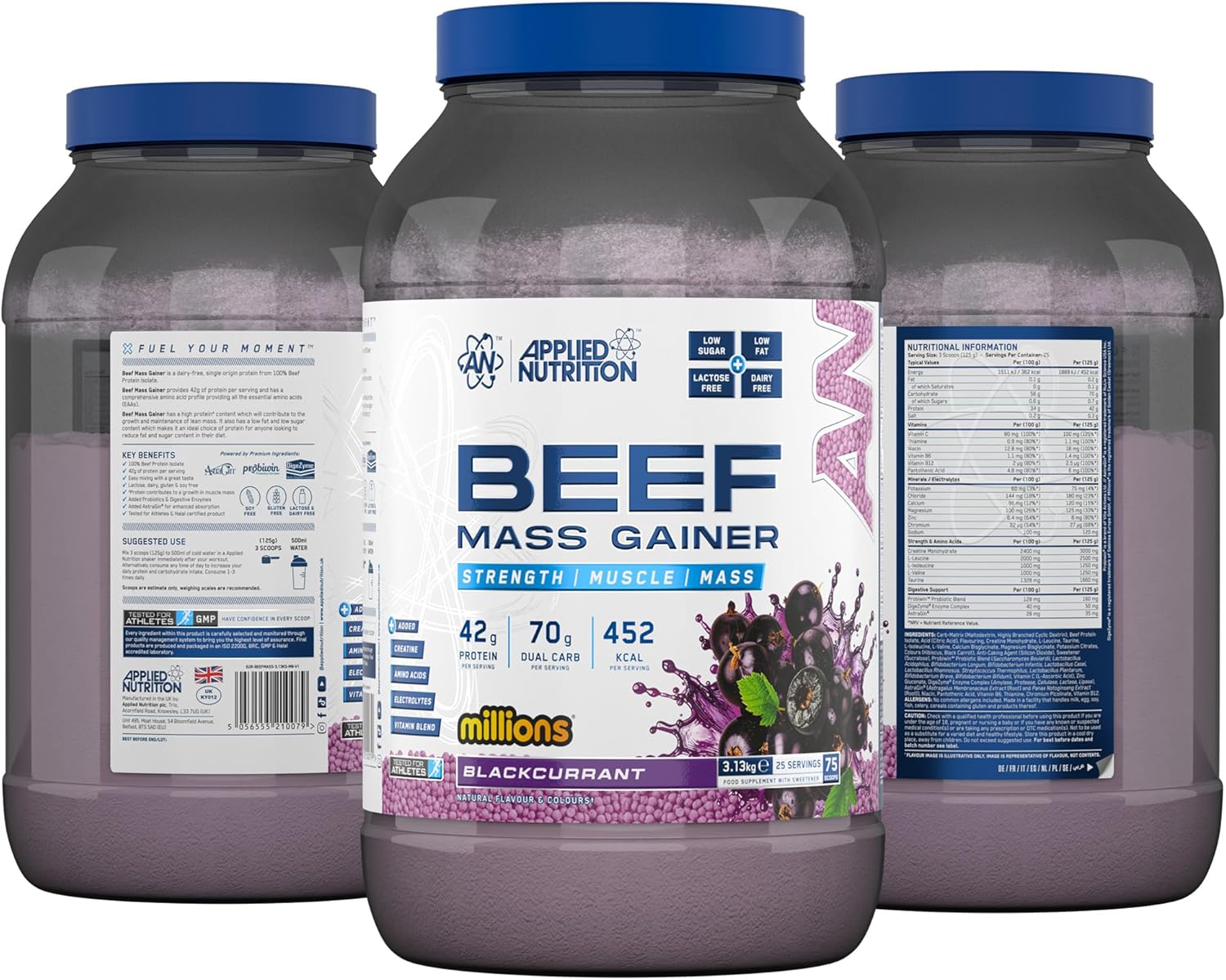 گینر افزایش وزن Applied Nutrition Beef Mass Gainer، 42 گرم پروتئین، 3.13 کیلوگرم، 25 سروینگ، طعم انگورفرنگی سیاه