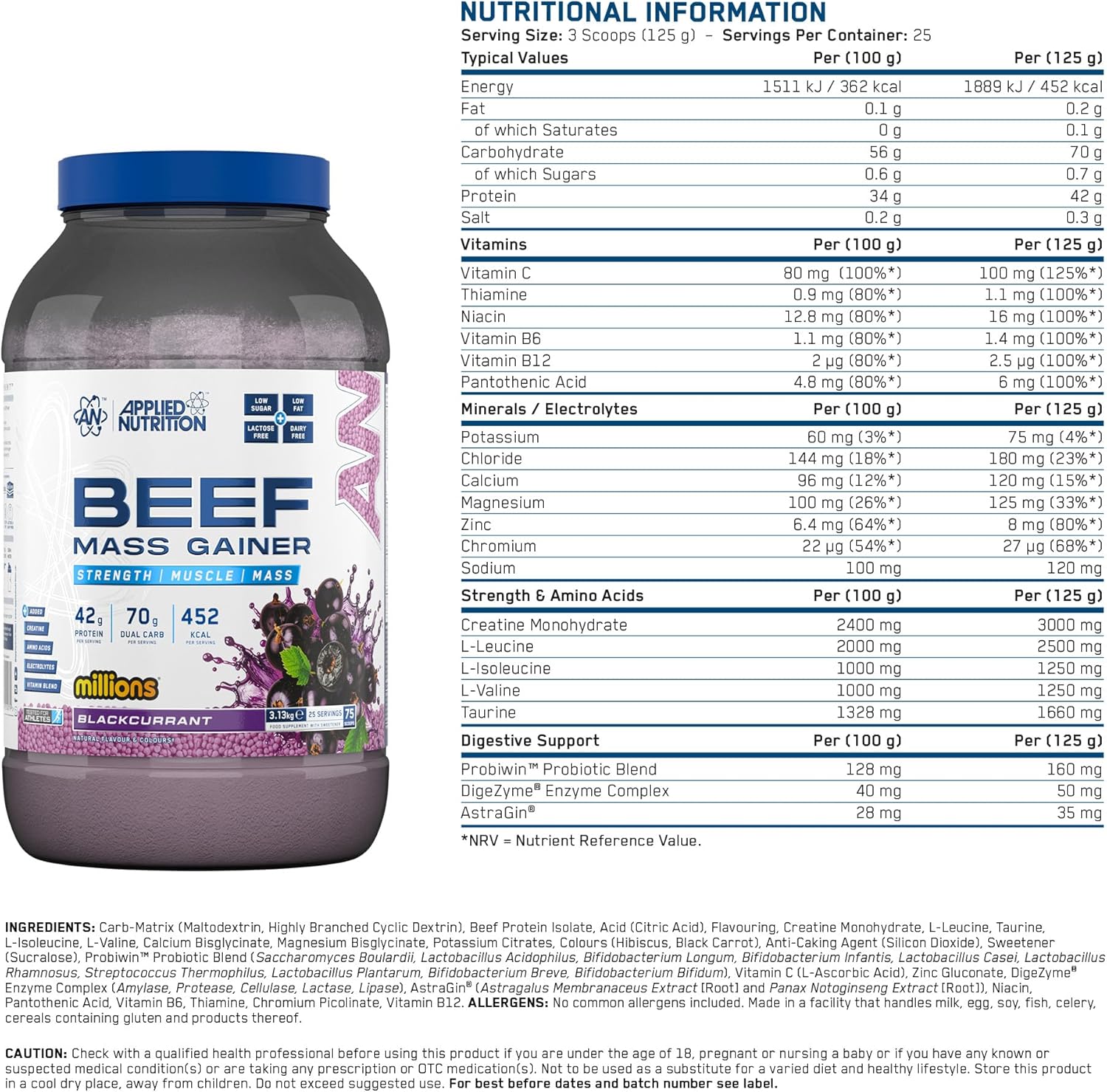 گینر افزایش وزن Applied Nutrition Beef Mass Gainer، 42 گرم پروتئین، 3.13 کیلوگرم، 25 سروینگ، طعم انگورفرنگی سیاه