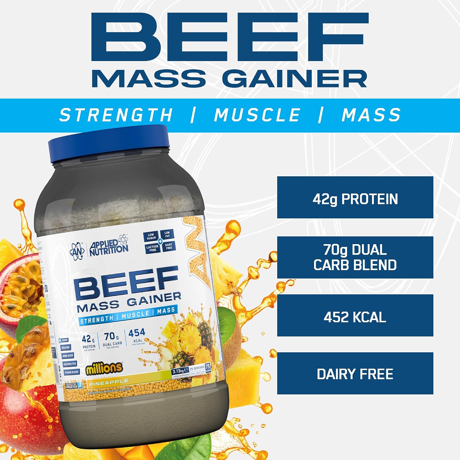 گینر افزایش وزن Applied Nutrition Beef Mass Gainer، 42 گرم پروتئین، 3.13 کیلوگرم، 25 سروینگ، طعم آناناس