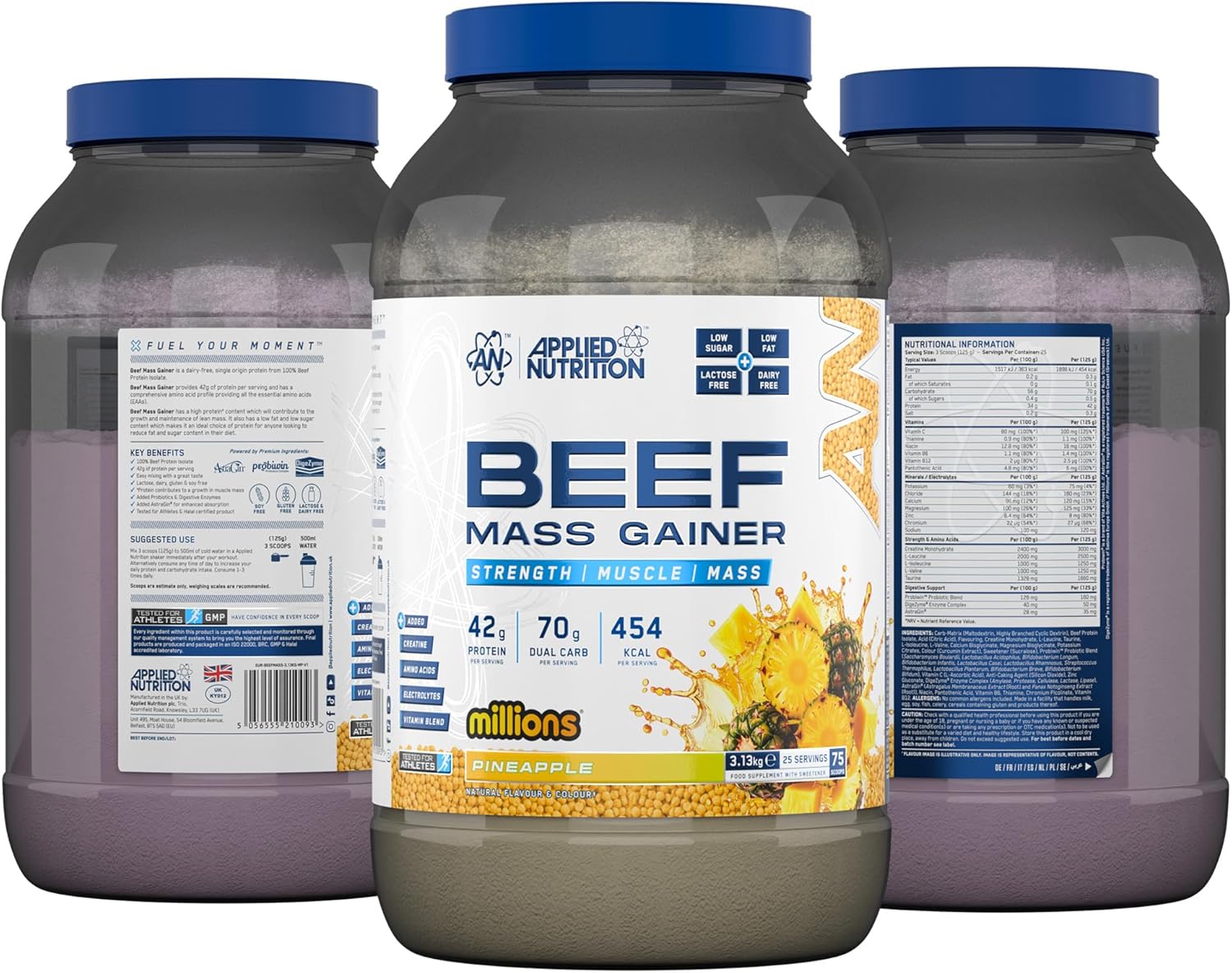 گینر افزایش وزن Applied Nutrition Beef Mass Gainer، 42 گرم پروتئین، 3.13 کیلوگرم، 25 سروینگ، طعم آناناس