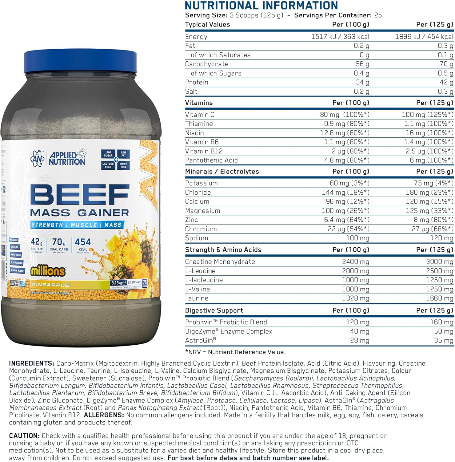 گینر افزایش وزن Applied Nutrition Beef Mass Gainer، 42 گرم پروتئین، 3.13 کیلوگرم، 25 سروینگ، طعم آناناس