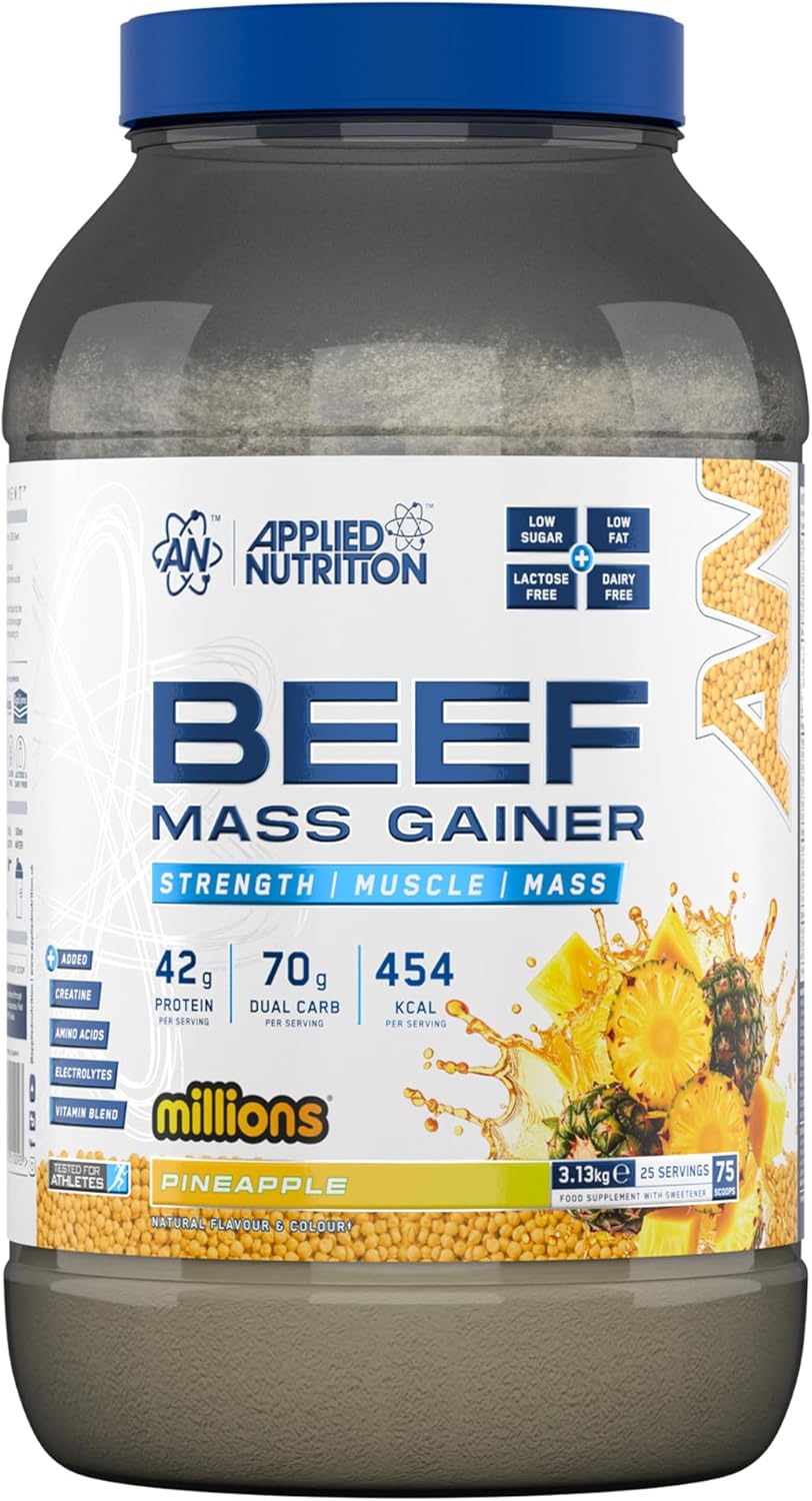 گینر افزایش وزن Applied Nutrition Beef Mass Gainer، 42 گرم پروتئین، 3.13 کیلوگرم، 25 سروینگ، طعم آناناس