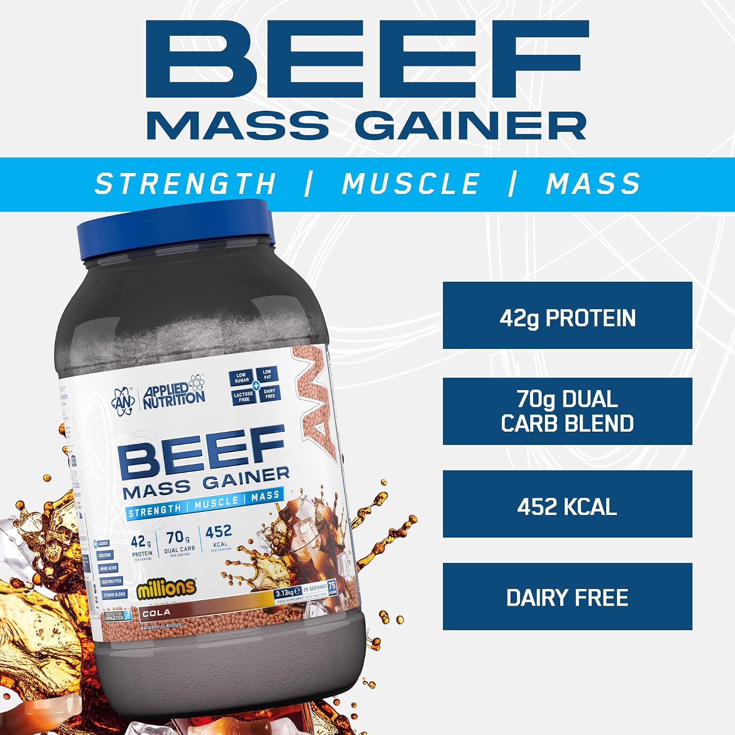 گینر افزایش وزن Applied Nutrition Beef Mass Gainer، 42 گرم پروتئین، 3.13 کیلوگرم، 25 سروینگ، طعم کولا