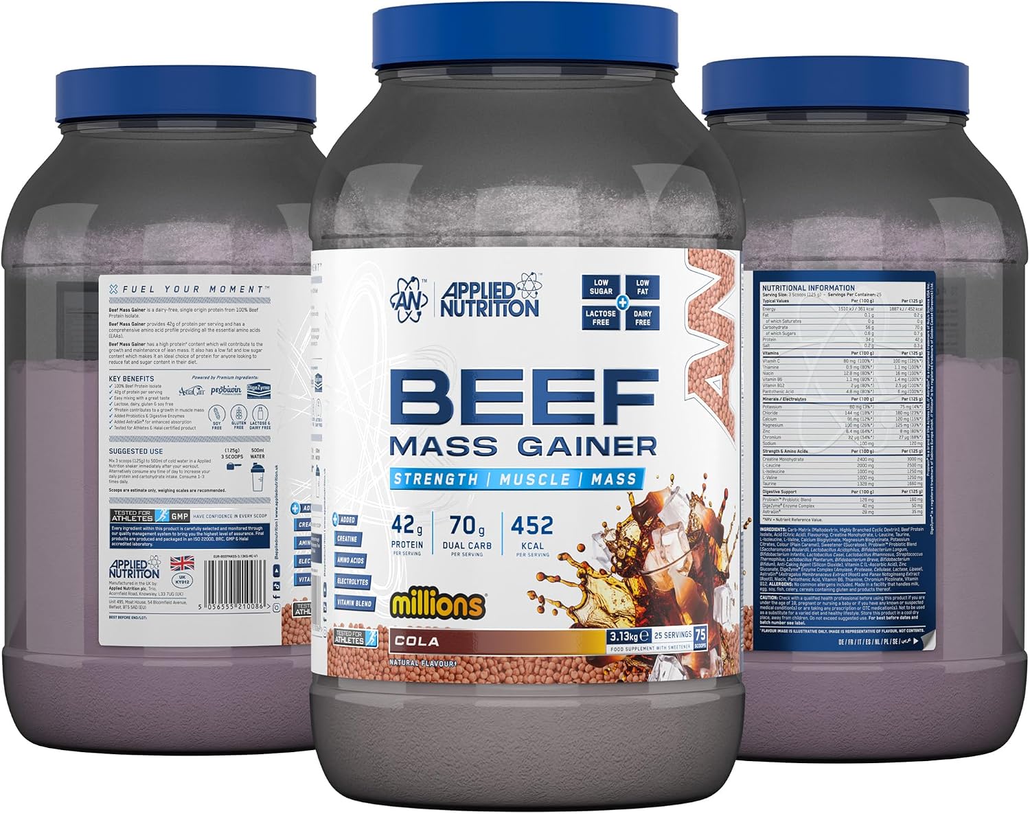 گینر افزایش وزن Applied Nutrition Beef Mass Gainer، 42 گرم پروتئین، 3.13 کیلوگرم، 25 سروینگ، طعم کولا