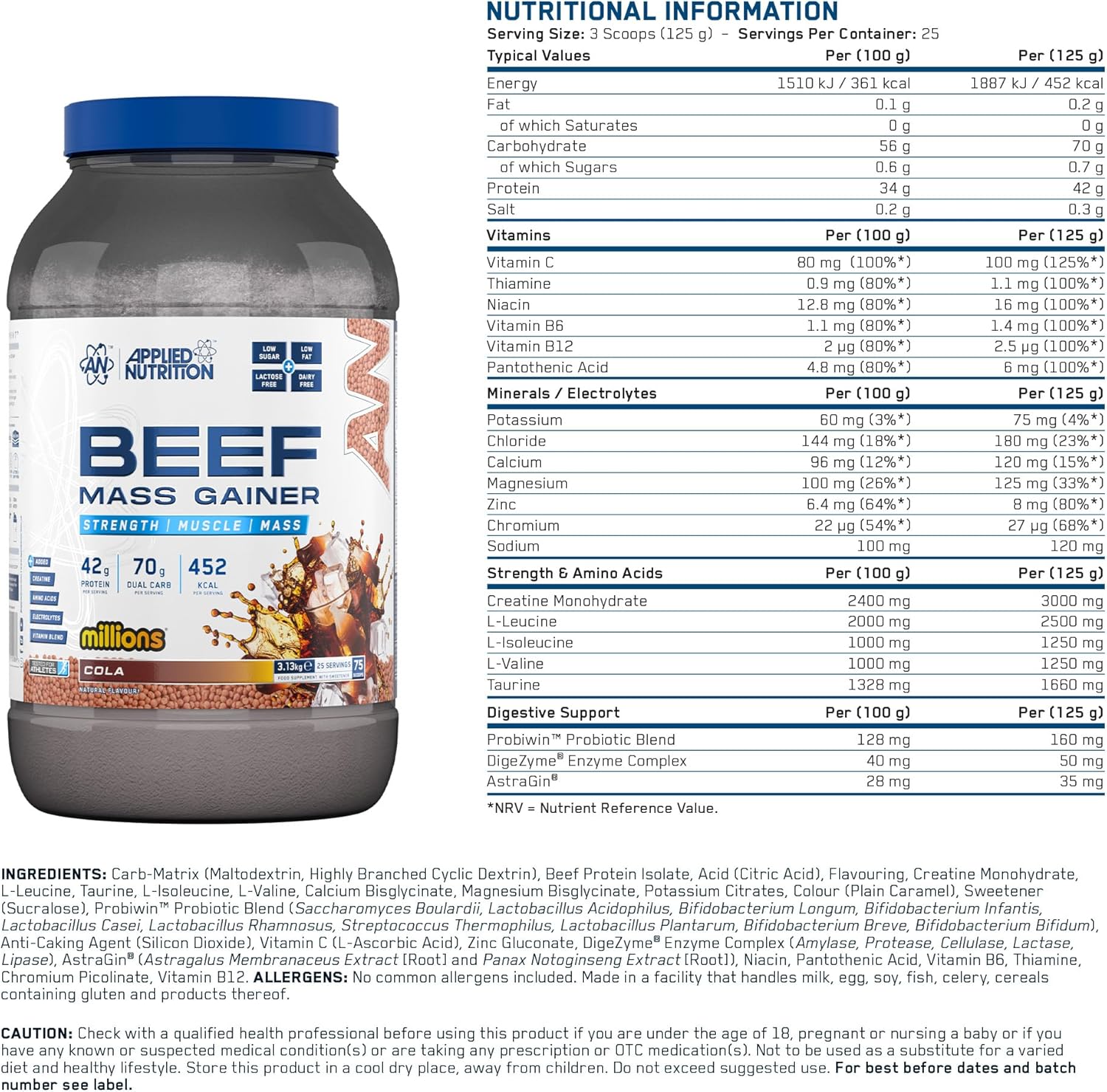 گینر افزایش وزن Applied Nutrition Beef Mass Gainer، 42 گرم پروتئین، 3.13 کیلوگرم، 25 سروینگ، طعم کولا