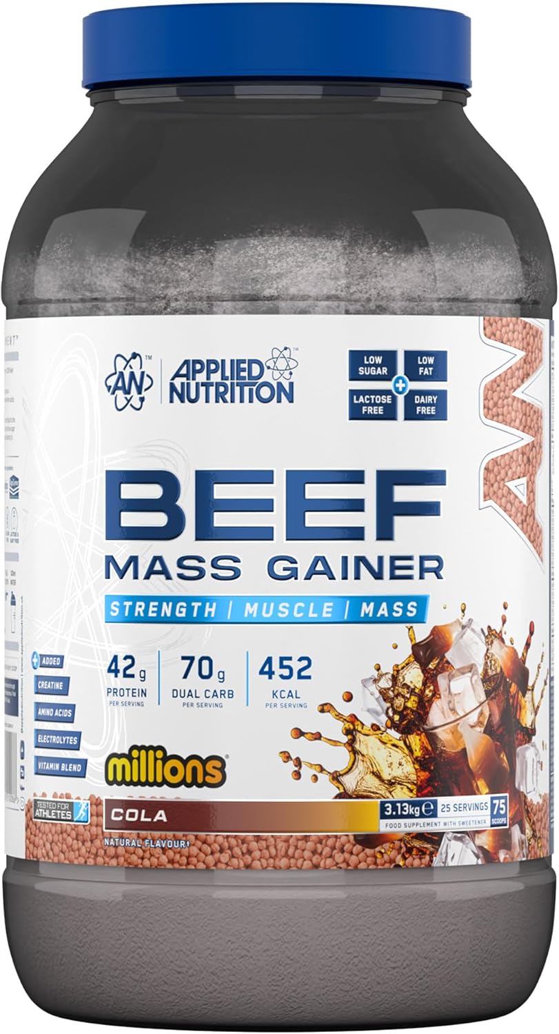گینر افزایش وزن Applied Nutrition Beef Mass Gainer، 42 گرم پروتئین، 3.13 کیلوگرم، 25 سروینگ، طعم کولا