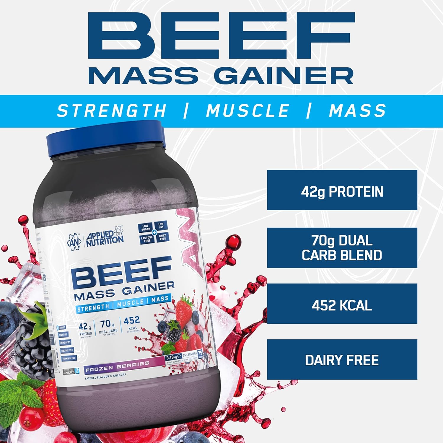گینر افزایش وزن Applied Nutrition Beef Mass Gainer، 42 گرم پروتئین، 3.13 کیلوگرم، 25 سروینگ، طعم توت‌های یخ‌زده