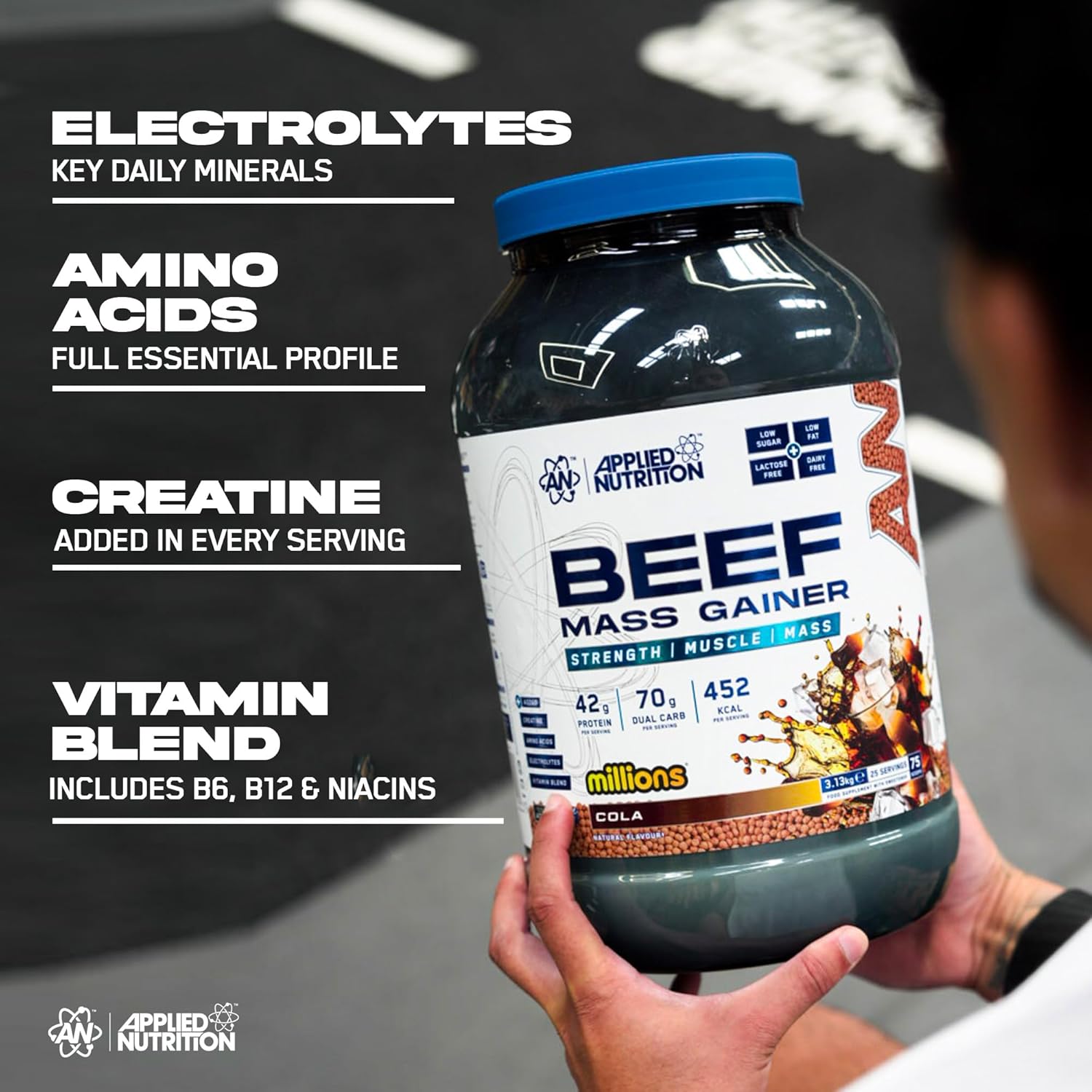 گینر افزایش وزن Applied Nutrition Beef Mass Gainer، 42 گرم پروتئین، 3.13 کیلوگرم، 25 سروینگ، طعم توت‌های یخ‌زده