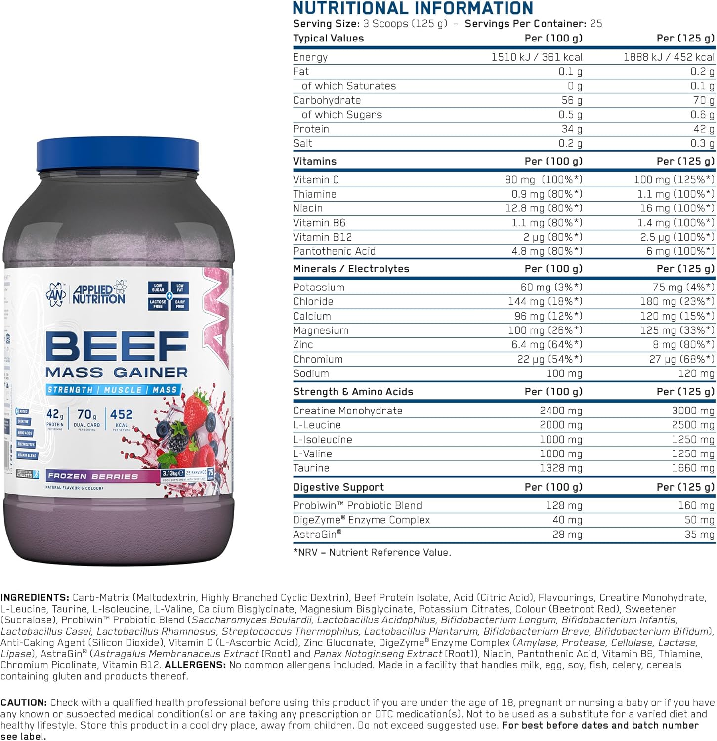 گینر افزایش وزن Applied Nutrition Beef Mass Gainer، 42 گرم پروتئین، 3.13 کیلوگرم، 25 سروینگ، طعم توت‌های یخ‌زده