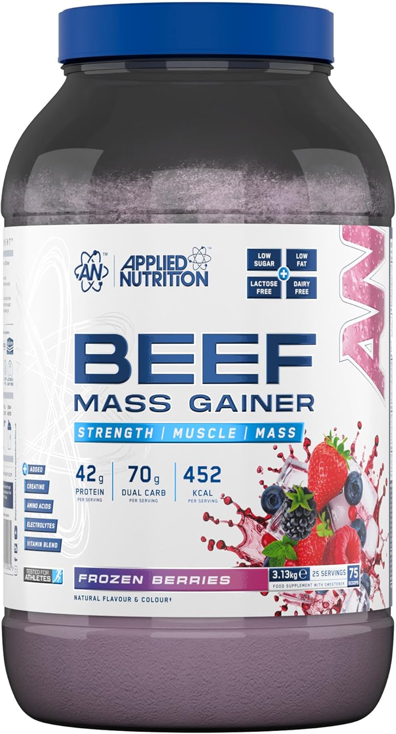 گینر افزایش وزن Applied Nutrition Beef Mass Gainer، 42 گرم پروتئین، 3.13 کیلوگرم، 25 سروینگ، طعم توت‌های یخ‌زده